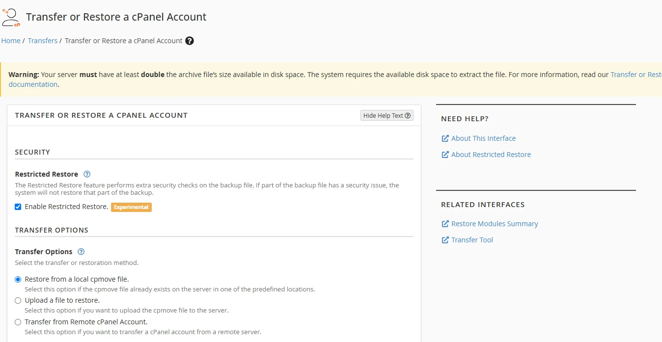 transfer a full cPanel account in WHM