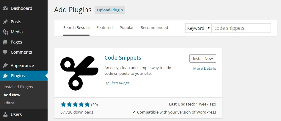 Code Snippets plugin interface showing custom PHP snippets in WordPress